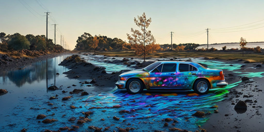 Vibrant cosmic paint job on car parked by riverbed at dusk