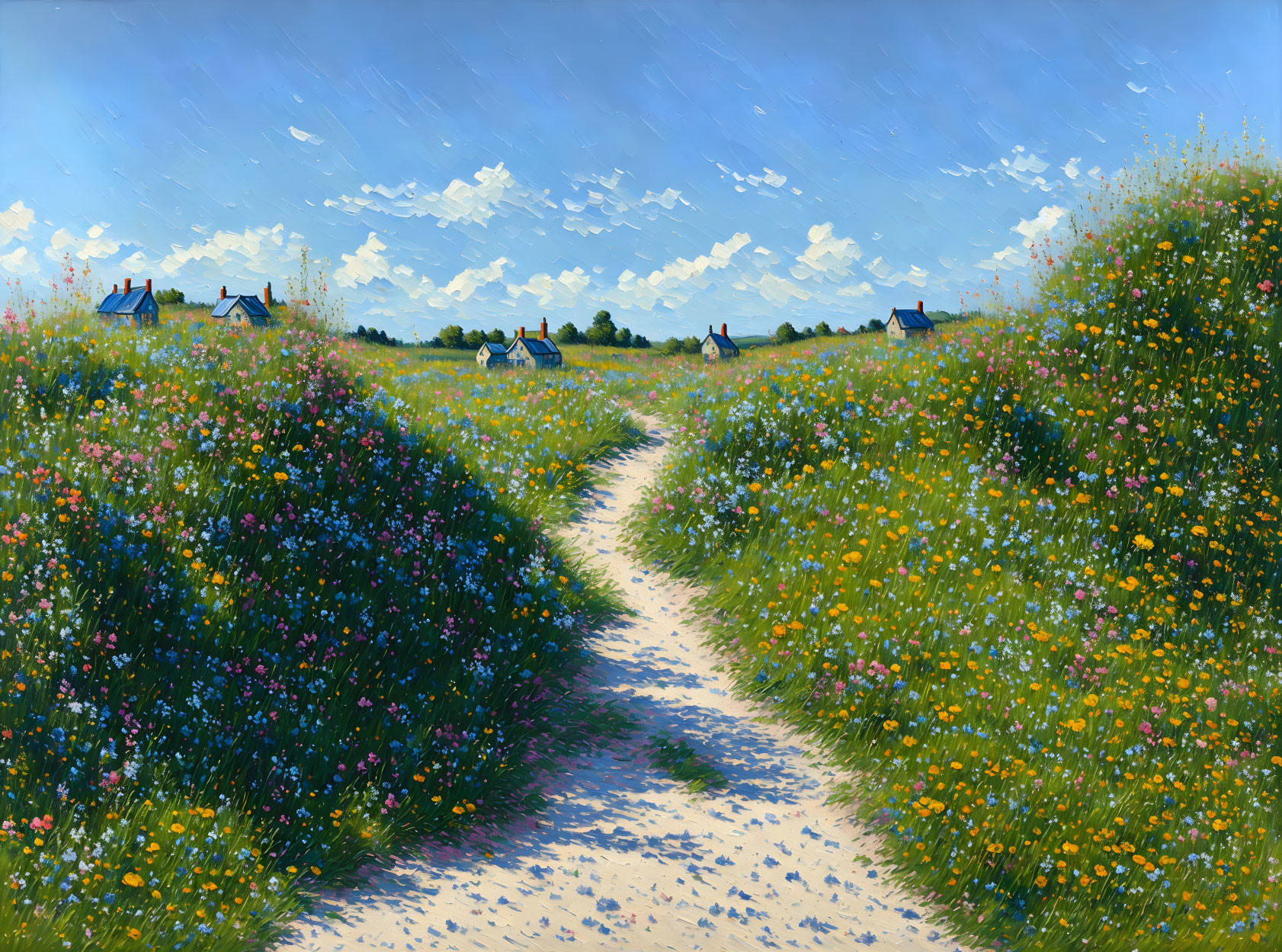 Colorful Flower-Lined Path with Houses Under Blue Sky