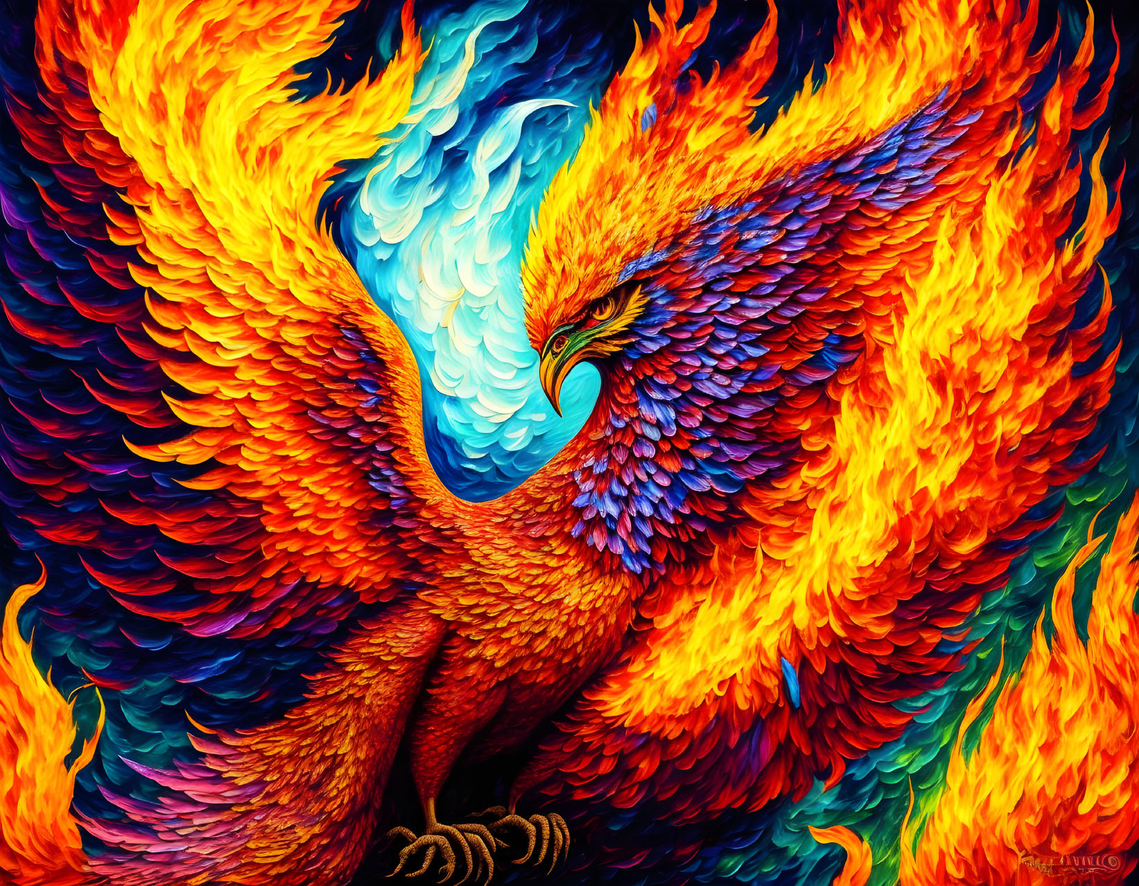 Colorful Phoenix with Fiery Wings: Symbol of Rebirth in Oranges, Reds, and Blues