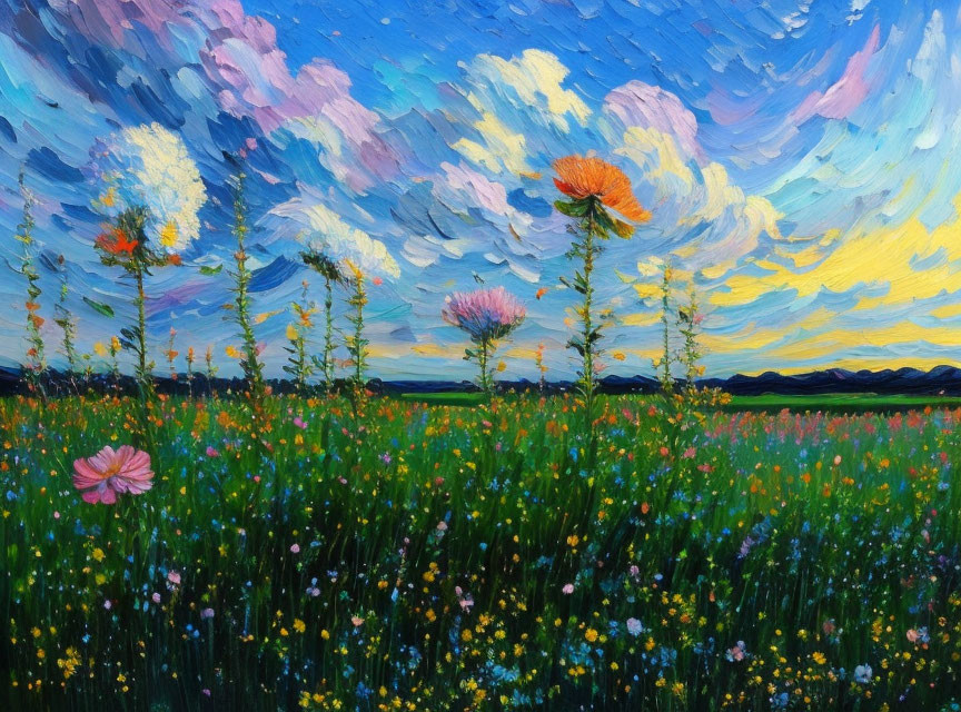 Colorful Meadow Painting with Blooming Flowers and Dramatic Sunset Sky