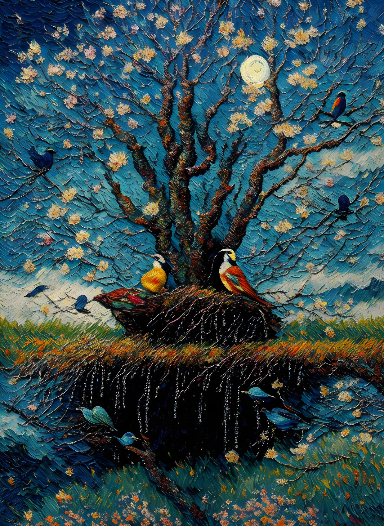 Colorful bird and blossom tree painting in Van Gogh style