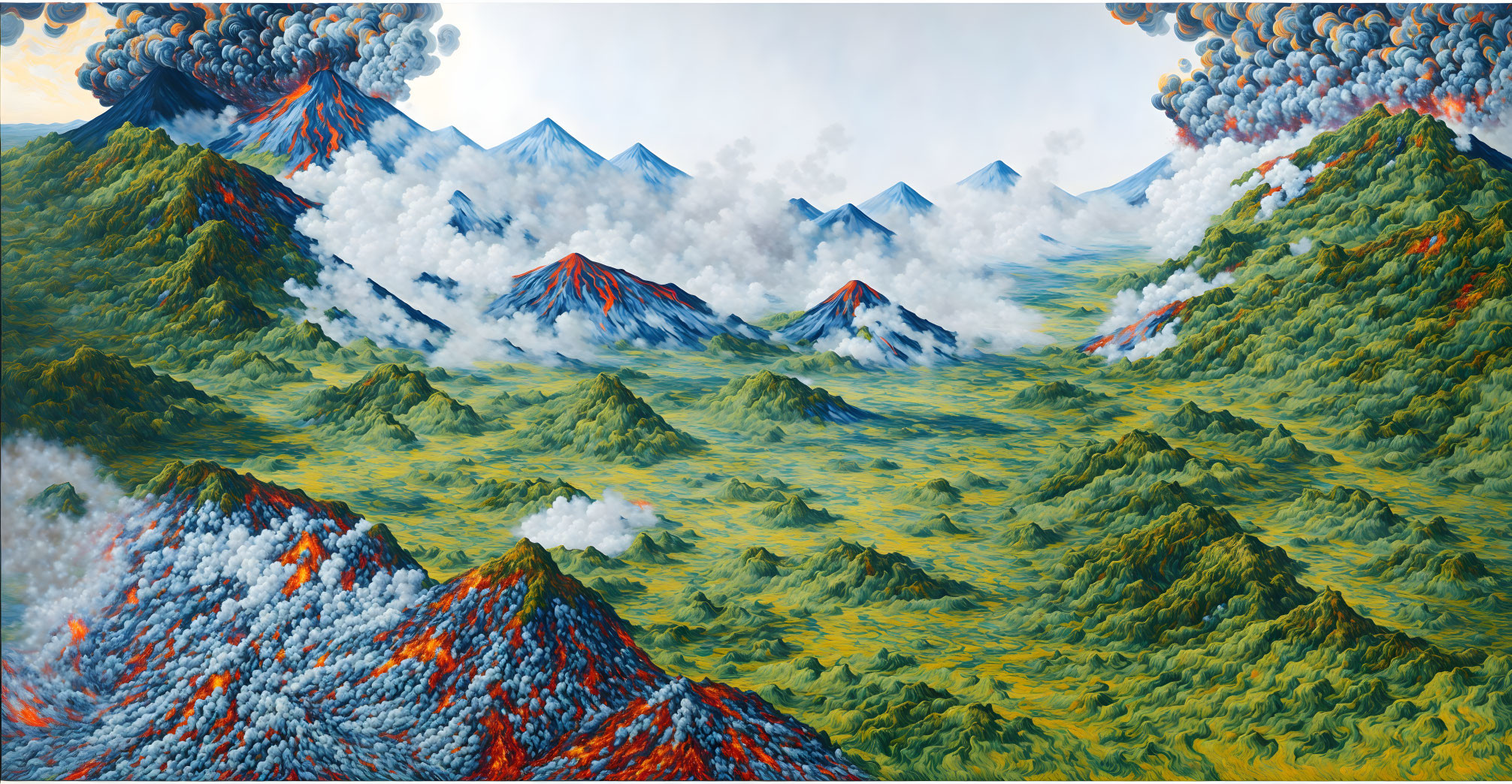 Panoramic landscape painting: vibrant green mountains, volcanic eruptions, smoke clouds