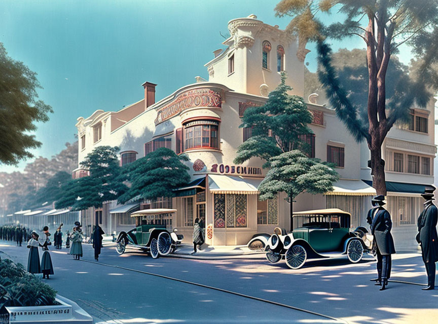 Vintage cars, pedestrians, and classic architecture in early 20th-century street scene