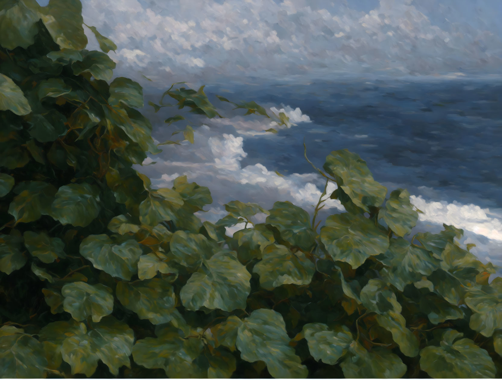 Tranquil sea and lush green ivy in oil painting