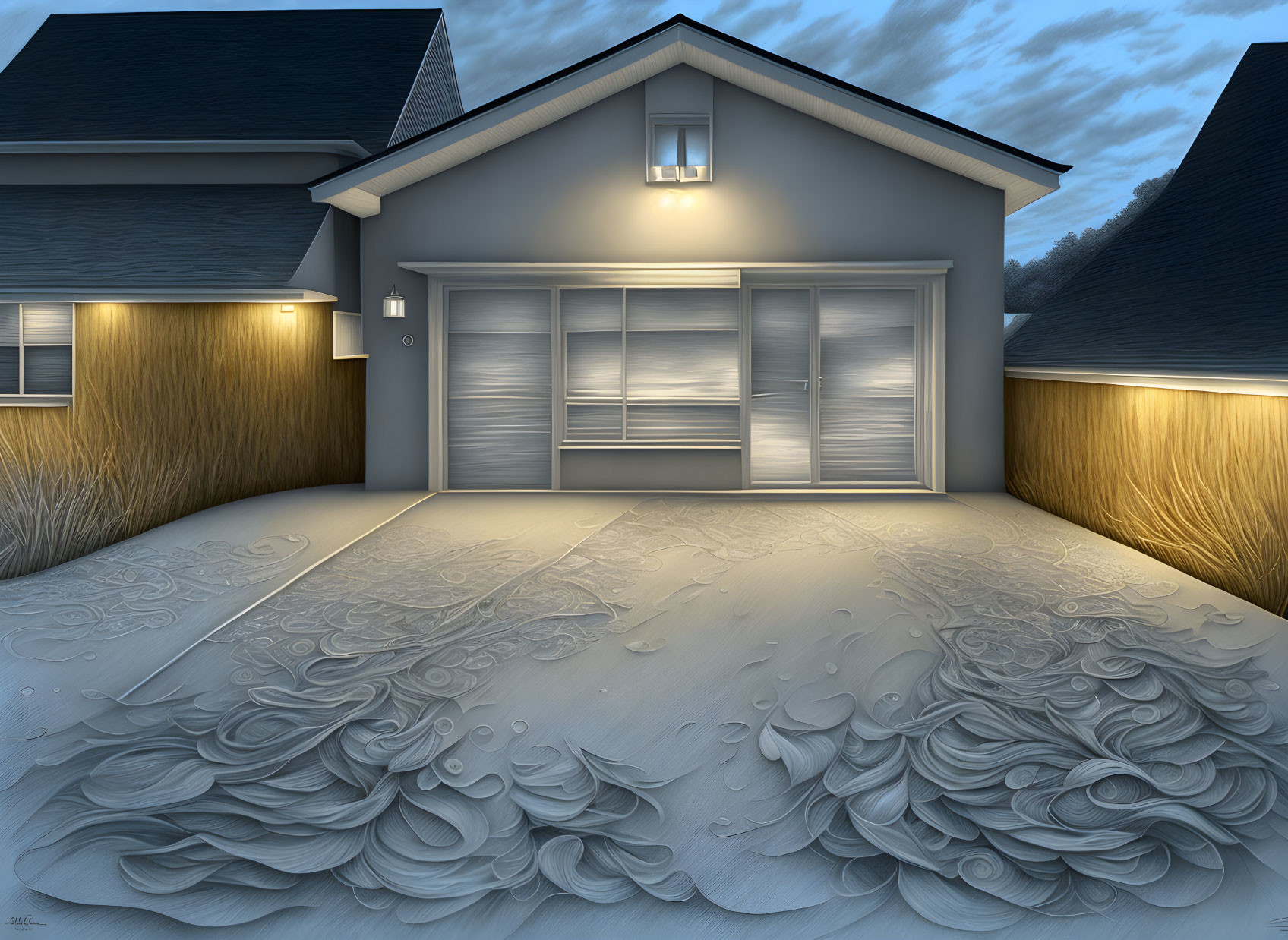 Digital artwork: House with garage door & driveway patterns illuminated at dusk