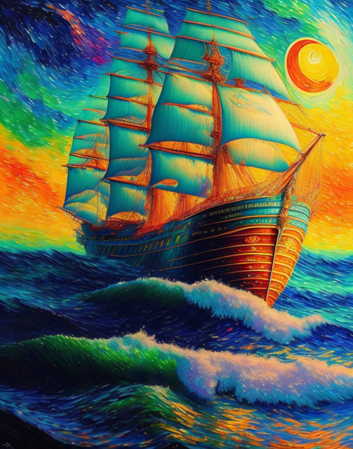 Classic Ship Painting with Turquoise Sails Sailing on Colorful Waves