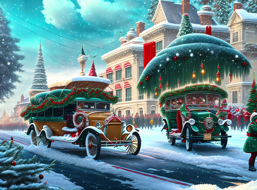 Classic Cars Decorated for Christmas in Snowy Street Scene