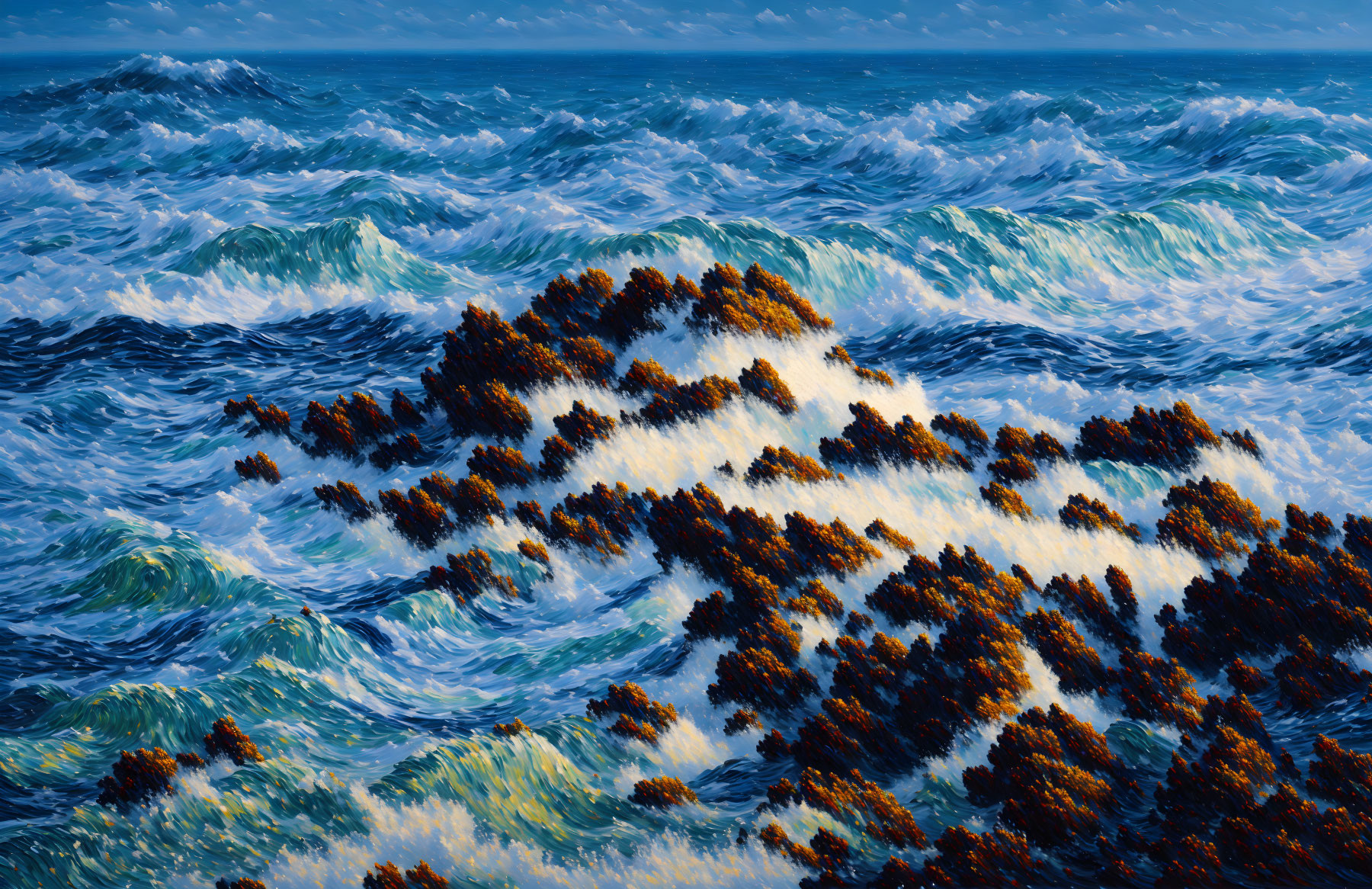 Colorful Painting: Choppy Sea Waves, Brown Seaweed, Blue Sky