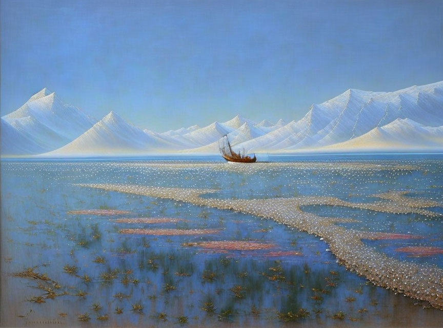 Snow-capped mountains and lone boat in serene landscape