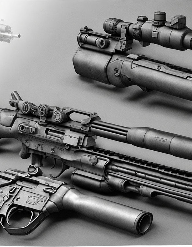 Assortment of firearms with scopes and barrels in grayscale