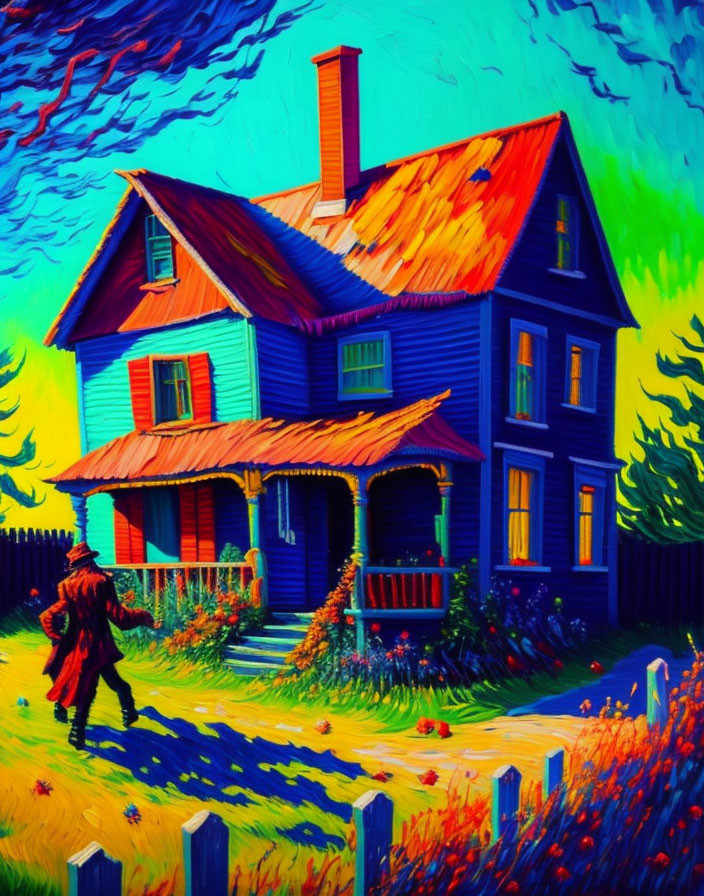 Colorful Painting of Blue House with Red Porch and White Fence