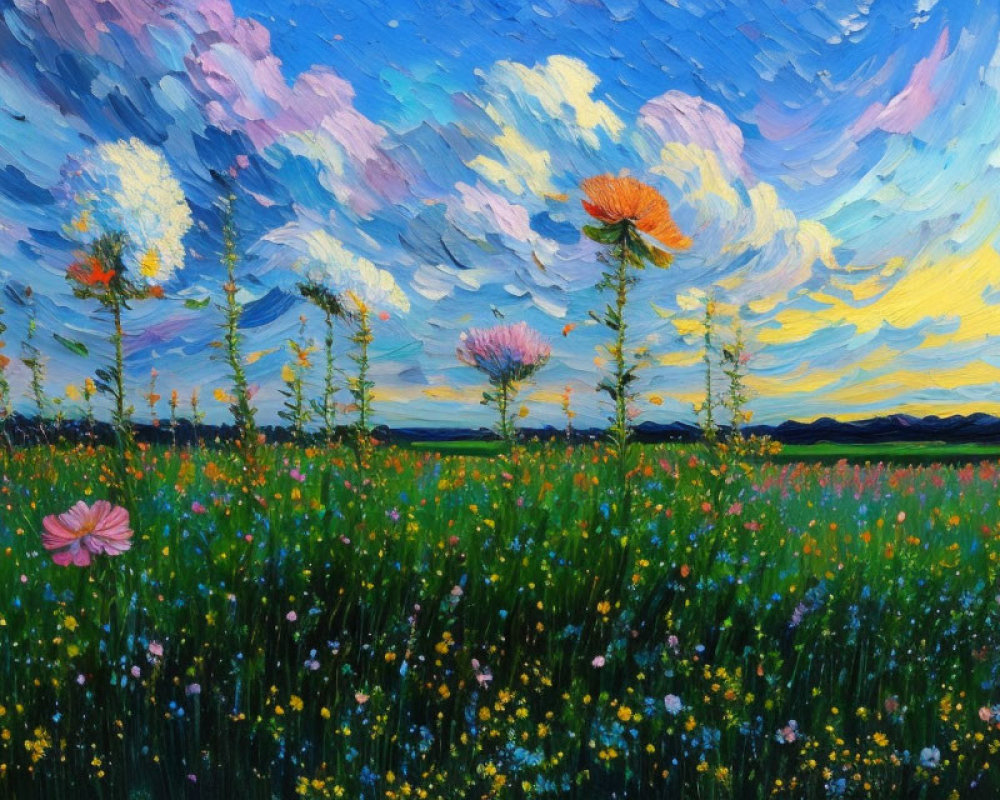 Colorful Meadow Painting with Blooming Flowers and Dramatic Sunset Sky