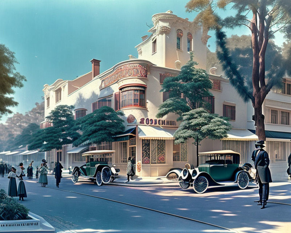 Vintage cars, pedestrians, and classic architecture in early 20th-century street scene