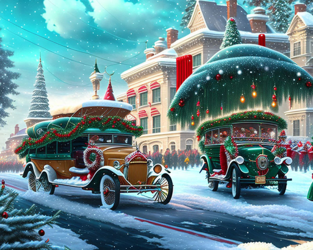 Classic Cars Decorated for Christmas in Snowy Street Scene