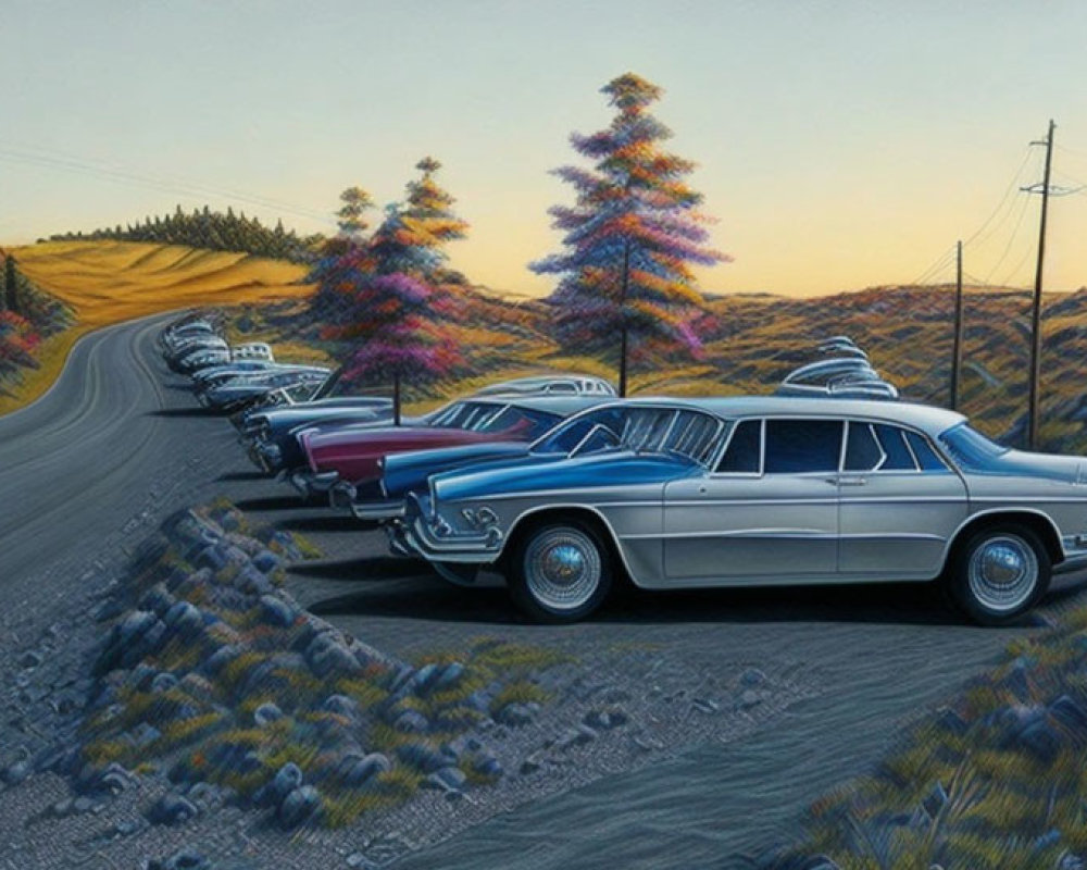 Classic Cars Painting on Winding Road at Twilight