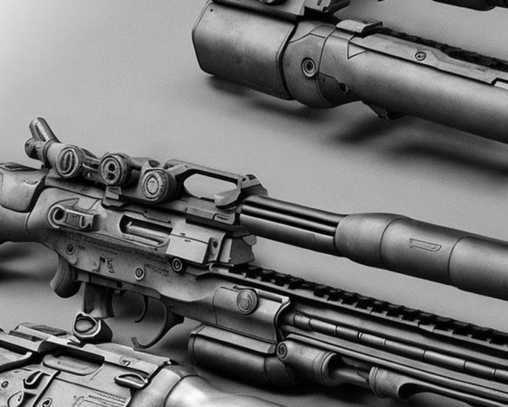 Assortment of firearms with scopes and barrels in grayscale