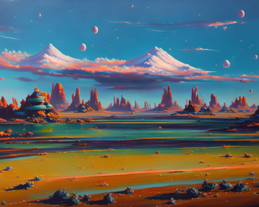 Vibrant landscape painting: teal skies, multiple moons, snow-capped mountains, desert terrain,