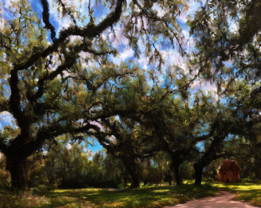 Tranquil landscape with oak trees, dirt path, wooden hut, green grass, and blue sky