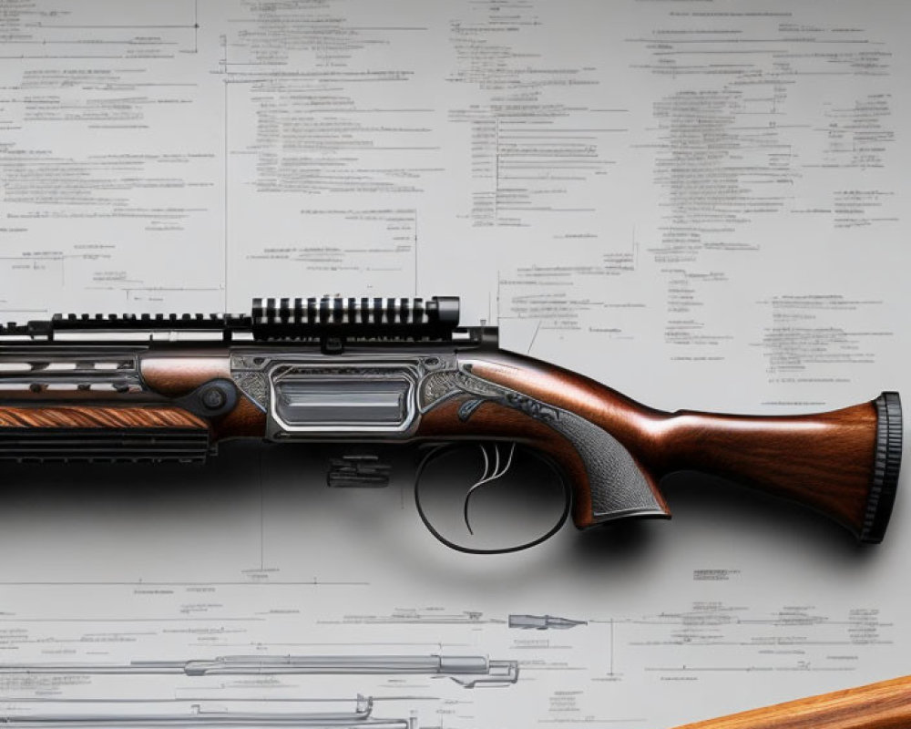 Wooden Stock Shotgun with Detailed Schematics and Pencil Displayed