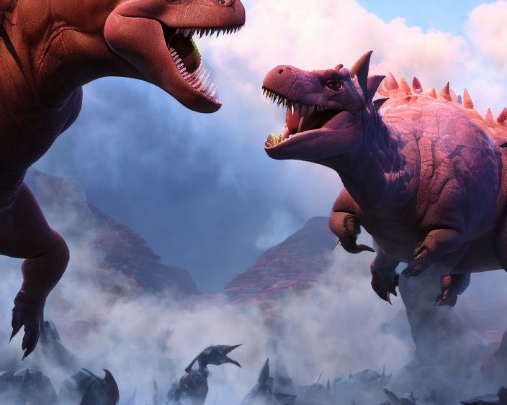 Animated dinosaurs roaring in prehistoric scene with misty water and jumping fish.