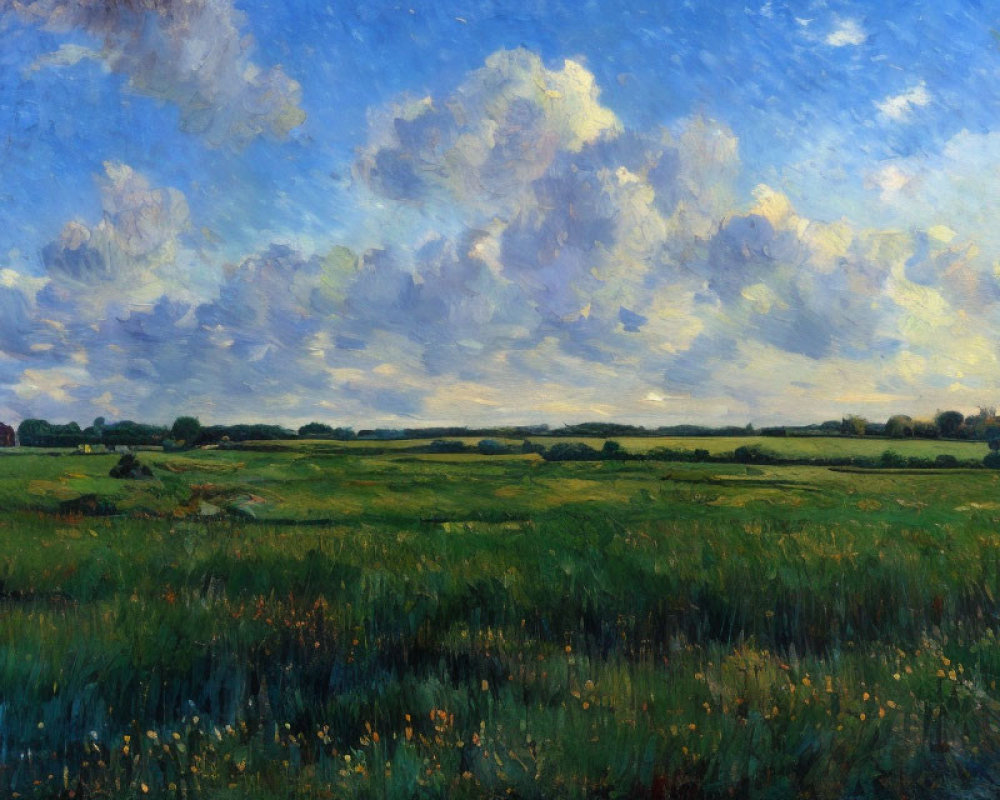 Vibrant Impressionist Landscape with Cloud-Filled Sky