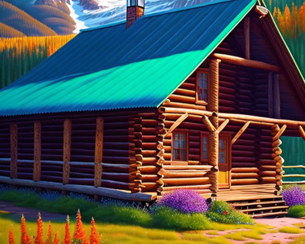 Colorful log cabin with blue roof, flowers, snowy mountains, and clear sky