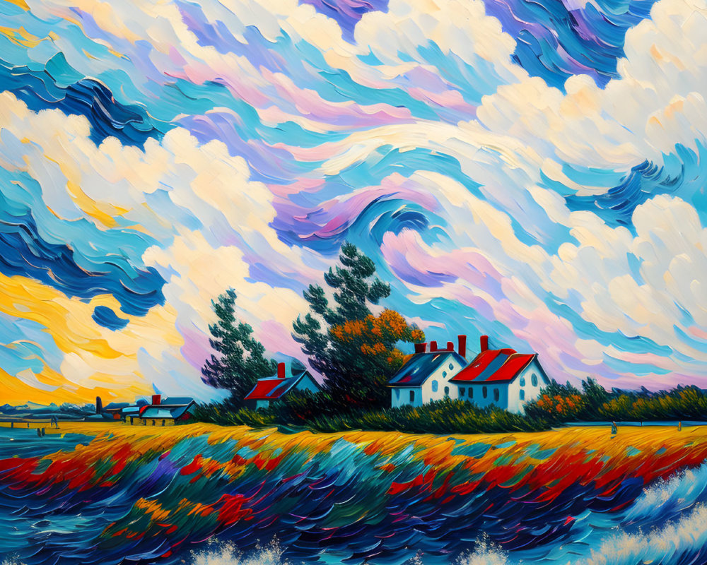 Colorful painting of swirling clouds over pastoral landscape and houses.