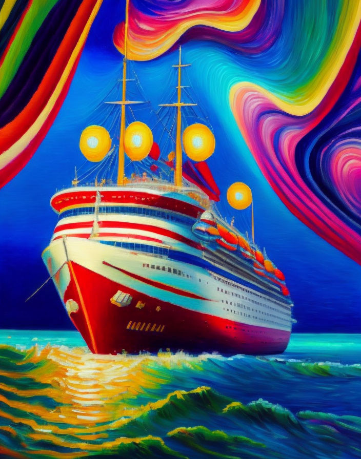 Vibrant surreal painting of cruise ship on wavy seas