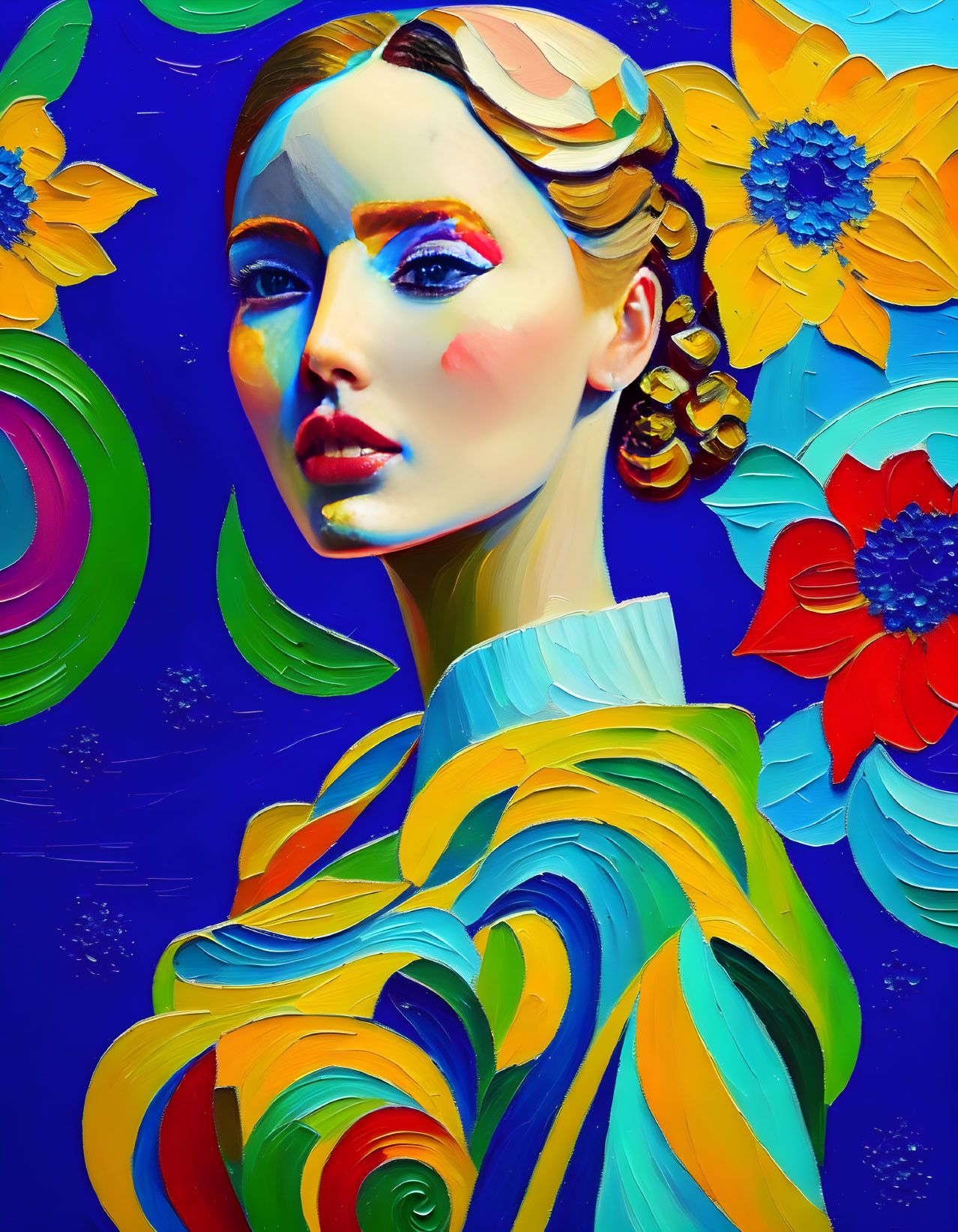 Colorful portrait of stylized woman with swirling patterns and bold flowers on blue backdrop