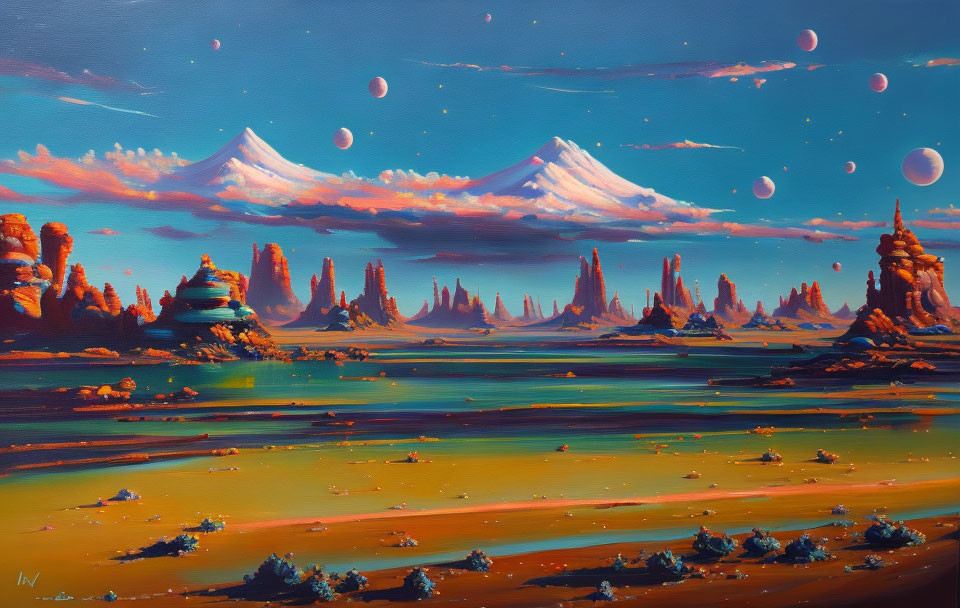 Vibrant landscape painting: teal skies, multiple moons, snow-capped mountains, desert terrain,