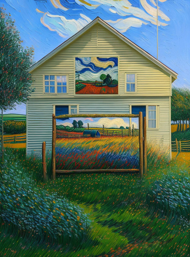 Quaint house with Van Gogh-inspired painting in pastoral setting