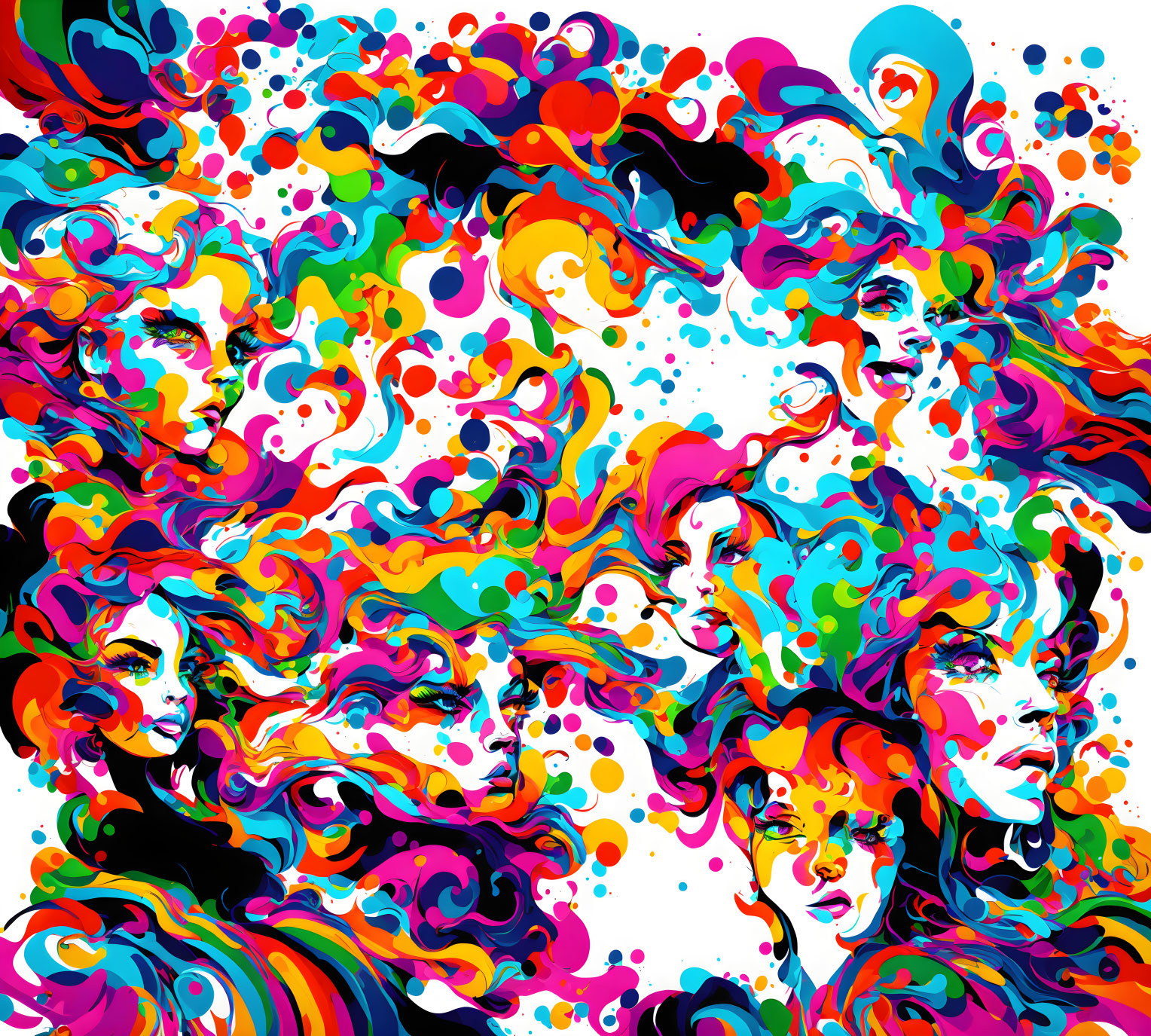 Colorful Abstract Art: Stylized Female Faces with Fluid Patterns