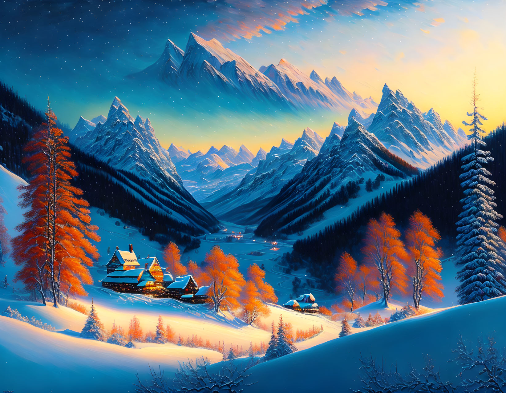 Snowy Mountain Landscape with Orange Trees and Cozy Cottages