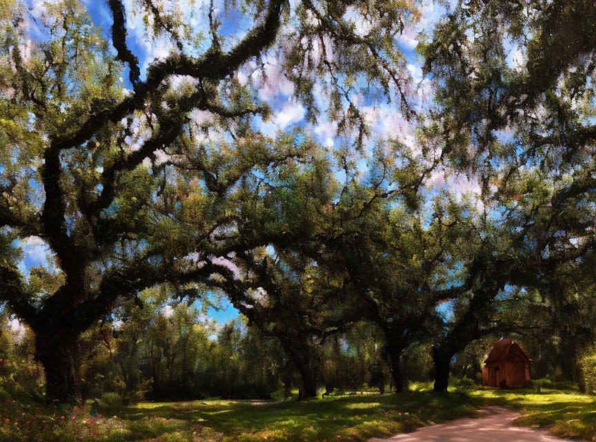 Tranquil landscape with oak trees, dirt path, wooden hut, green grass, and blue sky