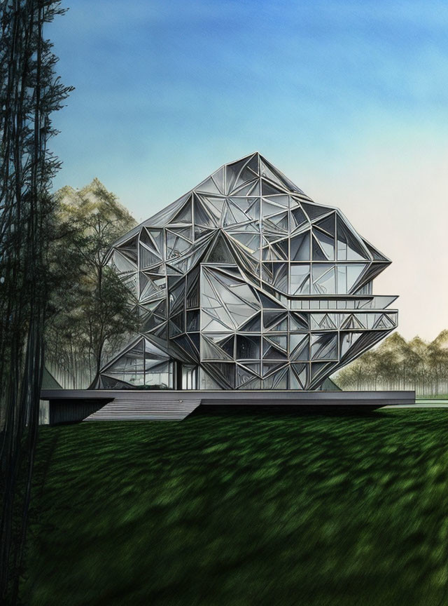 Geometric crystalline structure in futuristic setting with trees at dusk