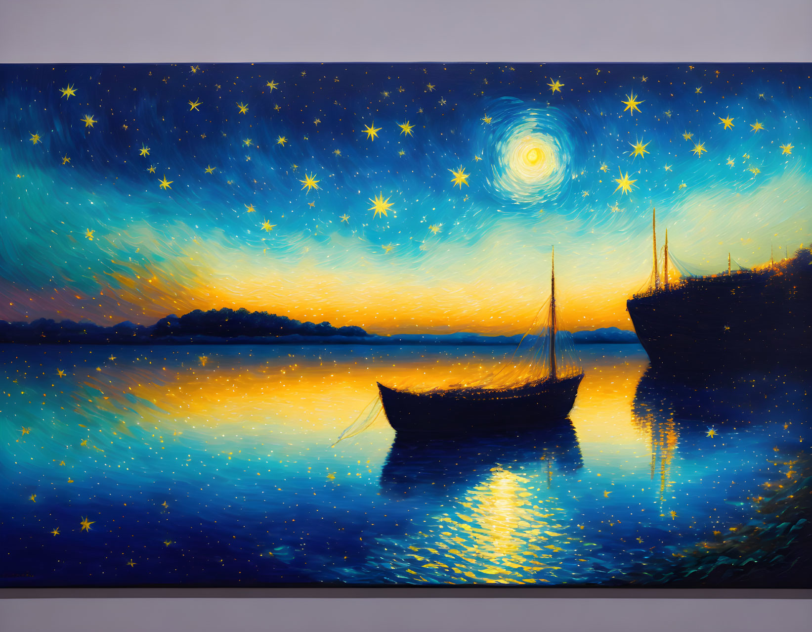 Starry Night Sky Painting with Sailboats and Water Reflections