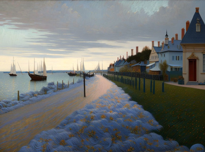 Tranquil coastal scene with houses, boats, and dusk sky