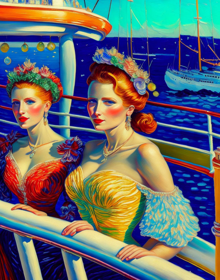 Two women in vintage dresses by yacht and ocean in vibrant colors