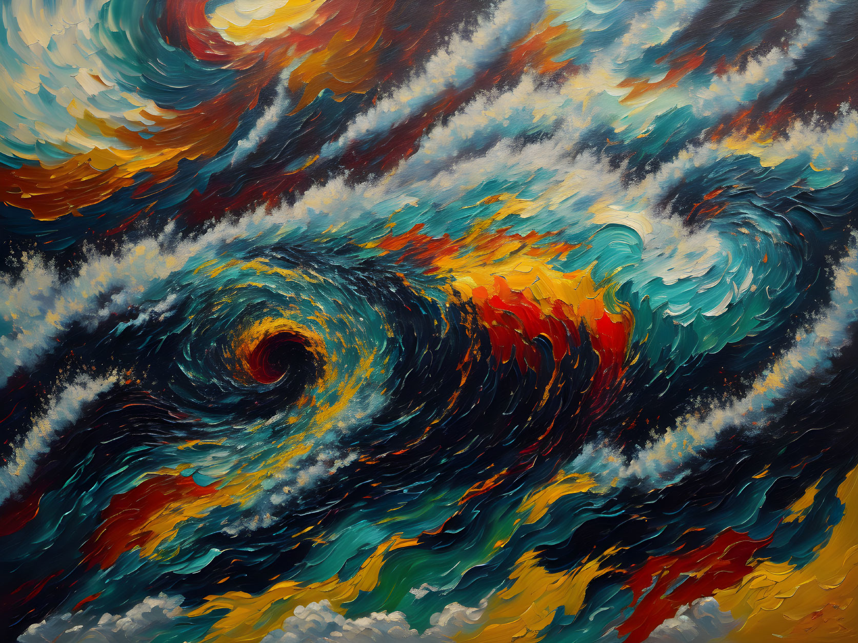 Abstract oil painting of swirling vortex in blue, white, orange, and yellow.