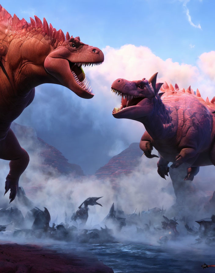 Animated dinosaurs roaring in prehistoric scene with misty water and jumping fish.