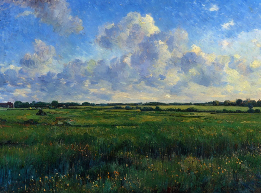 Vibrant Impressionist Landscape with Cloud-Filled Sky