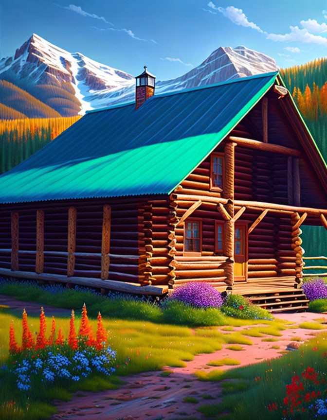 Colorful log cabin with blue roof, flowers, snowy mountains, and clear sky