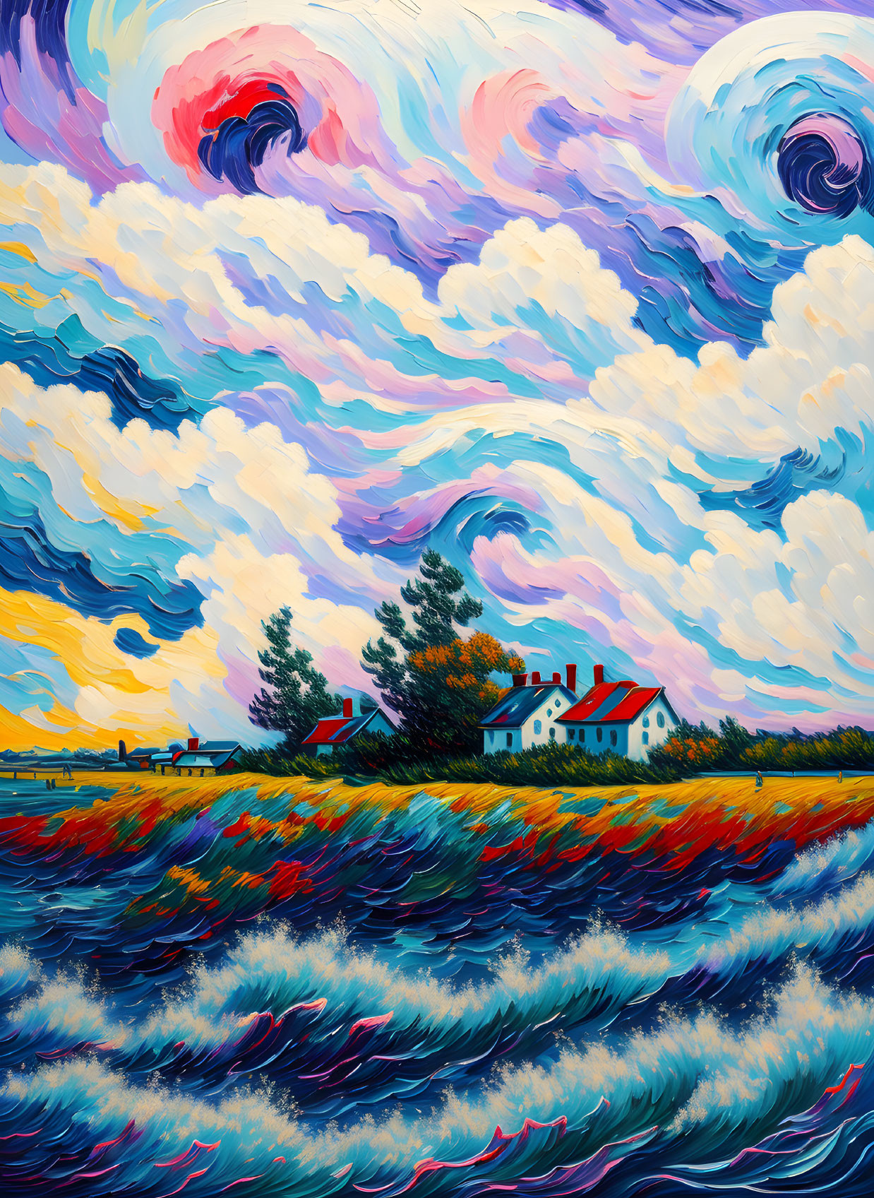 Colorful painting of swirling clouds over pastoral landscape and houses.