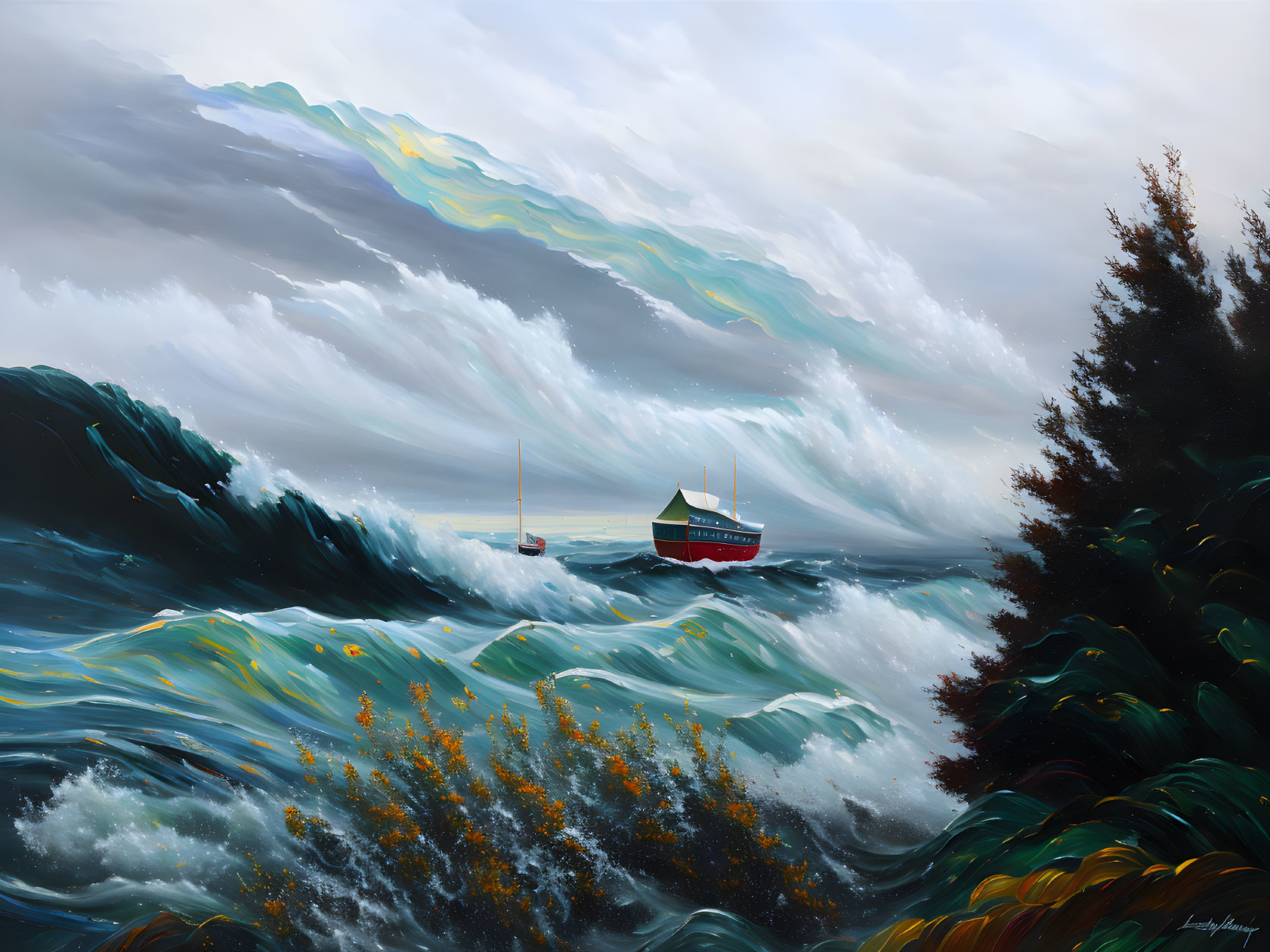 Stormy Sea Painting with Boat, Turbulent Waves, and Brooding Sky