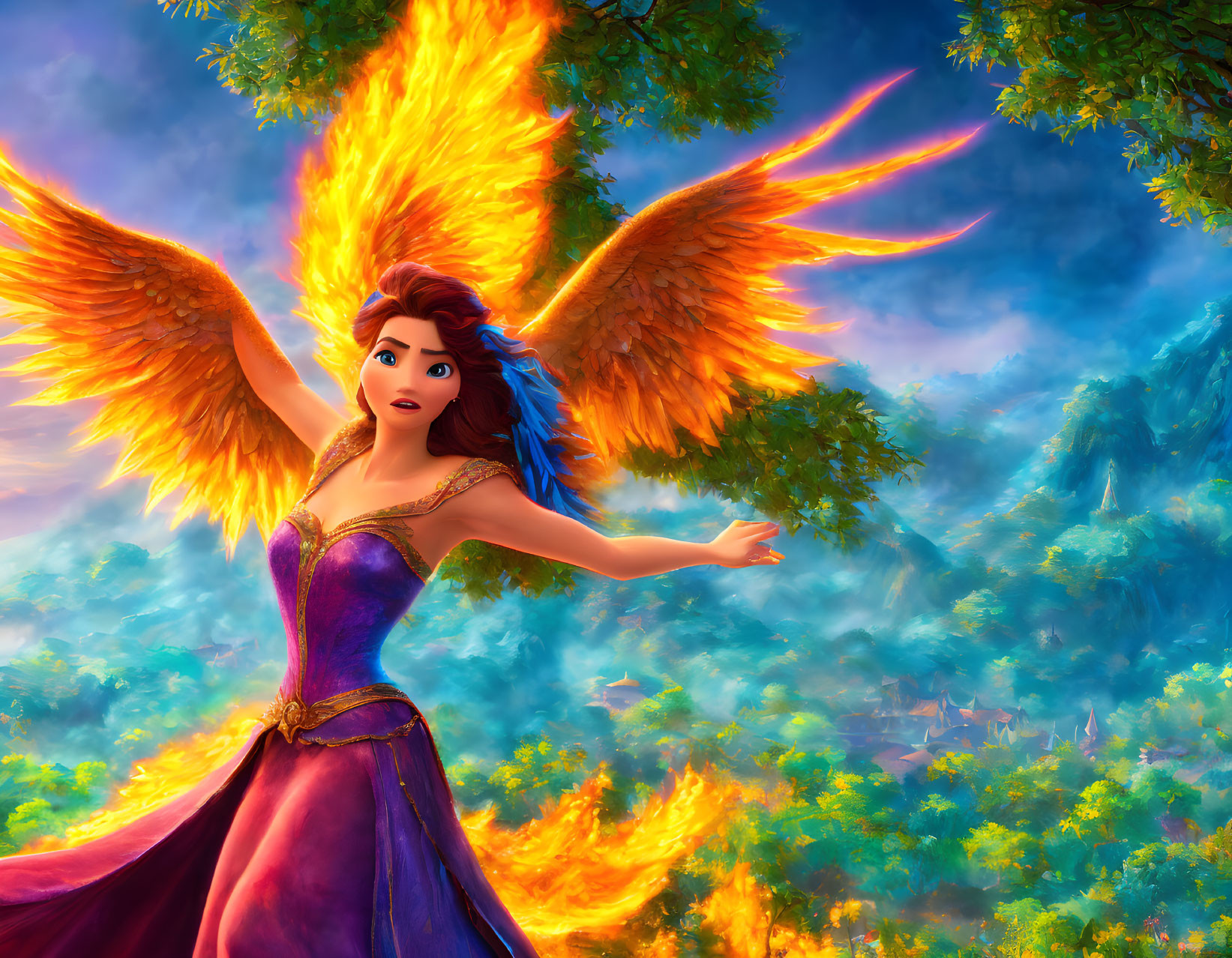 Colorful female character with phoenix wings in enchanted forest