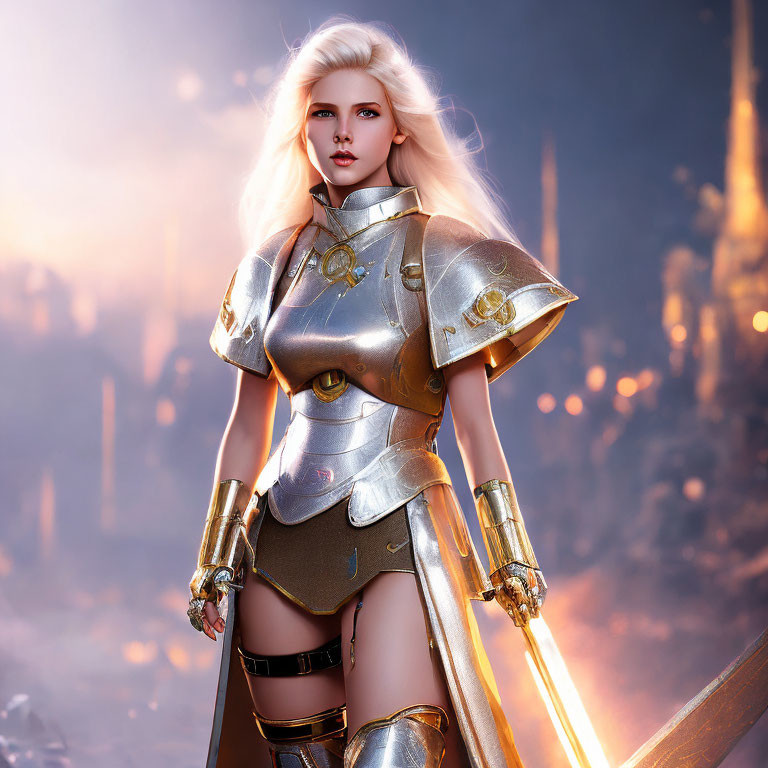 Blonde woman in fantasy armor with glowing sword in mystical cityscape