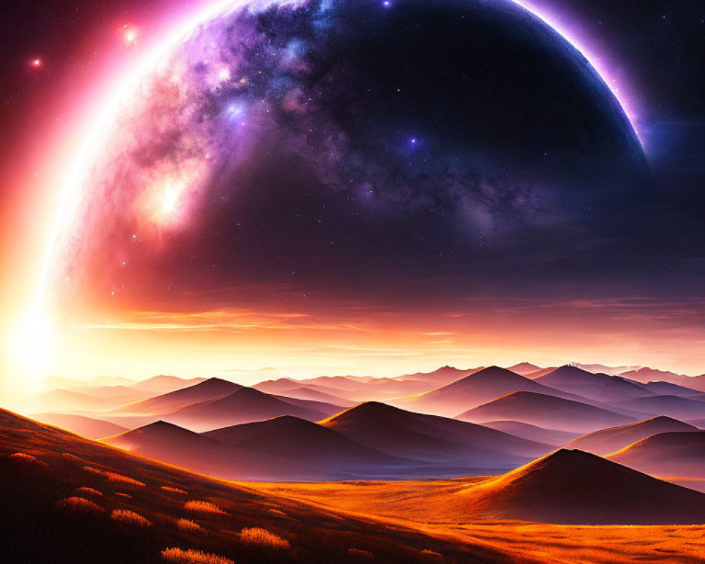 Gigantic planet casting vibrant glow over serene landscape