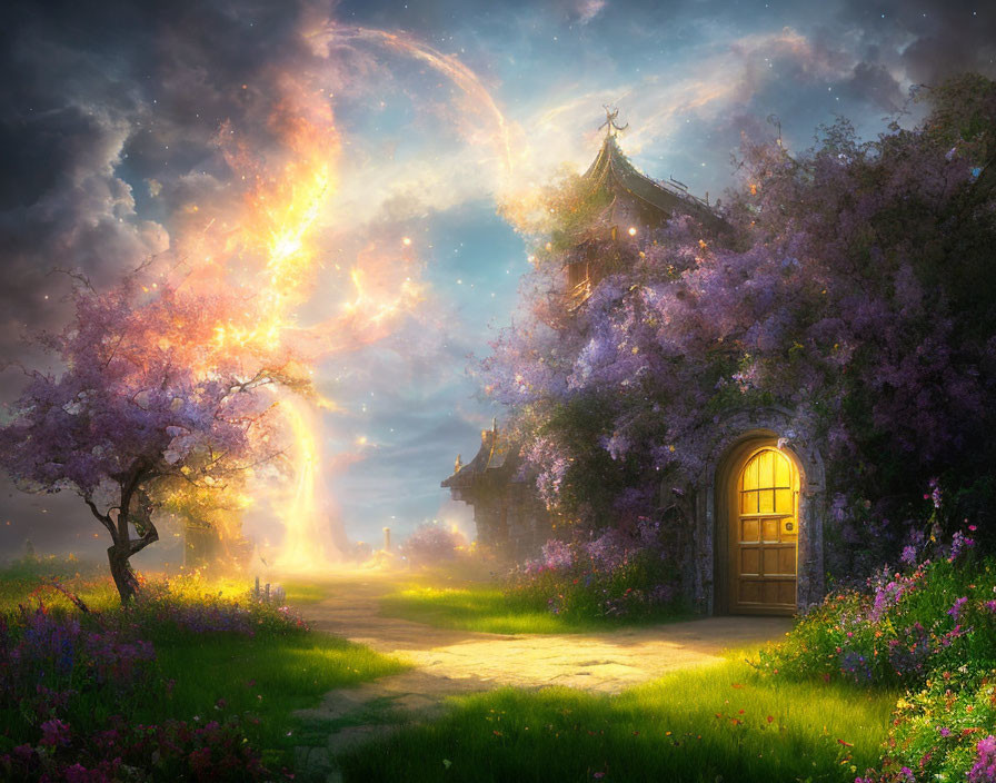 Fantasy Cottage in Purple Tree Grove with Cosmic Sky and Glowing Portal