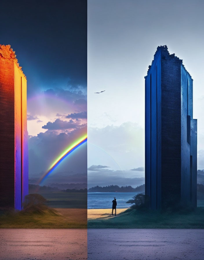 Split composition: vibrant sunset with rainbow on left, serene twilight with solitary figure on right