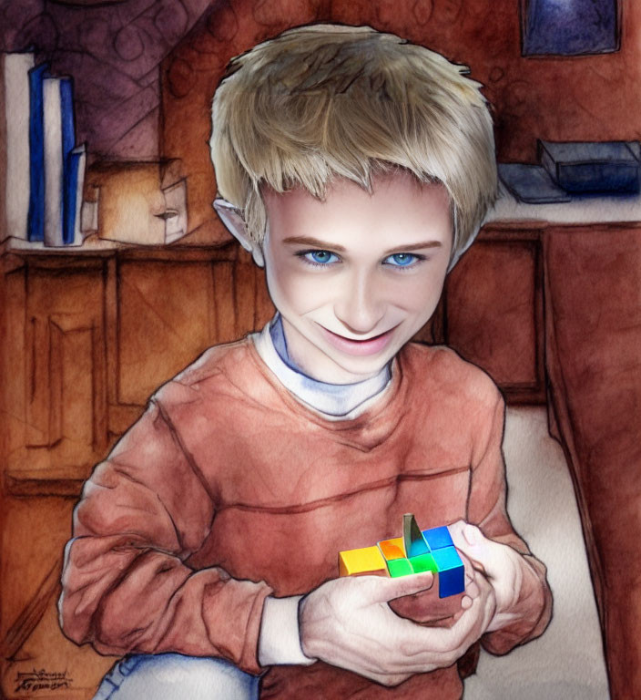 Blond child with Rubik's cube in room with books